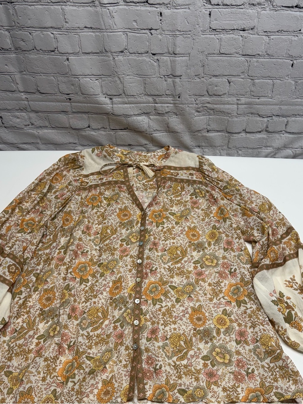Spell & the Gypsy Boho Floral Tassel Blouse - Cream & Mustard sz Small - Picture 8 of 9